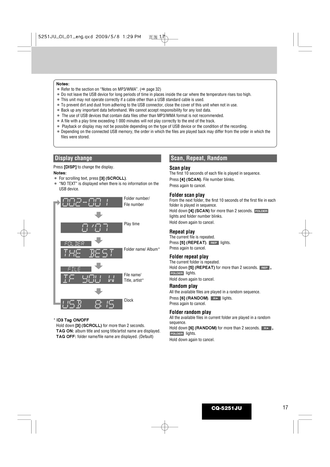 Panasonic CQ-5251JU warranty Folder scan play, Folder repeat play, Folder random play 