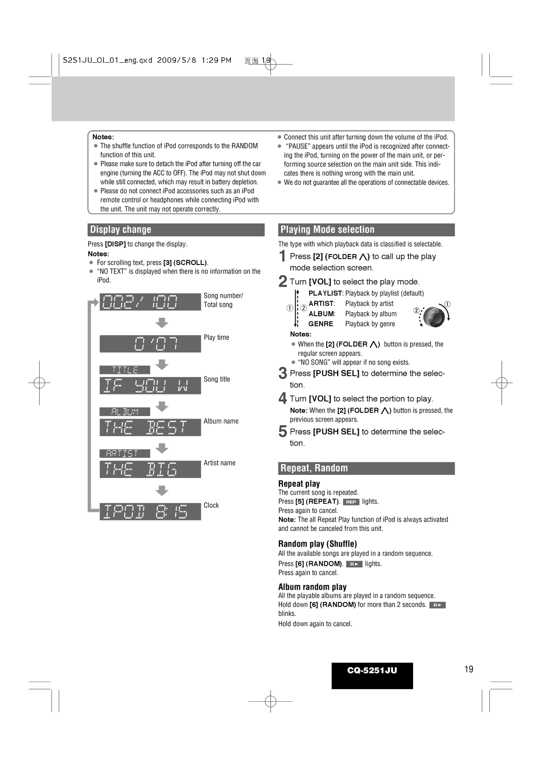 Panasonic CQ-5251JU warranty Playing Mode selection, Repeat, Random, Random play Shuffle, Album random play 