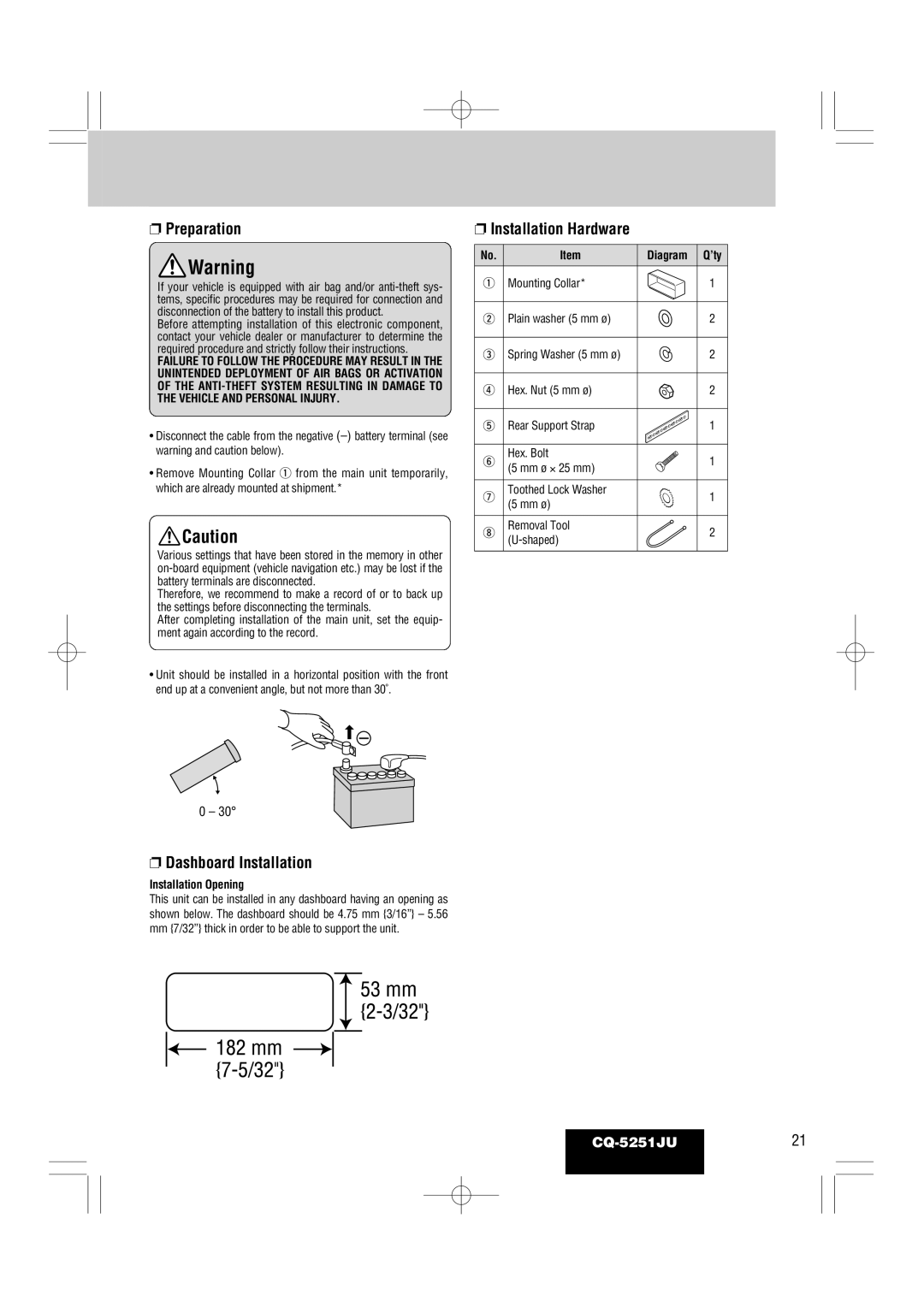 Panasonic CQ-5251JU warranty Diagram Q’ty, Installation Opening 