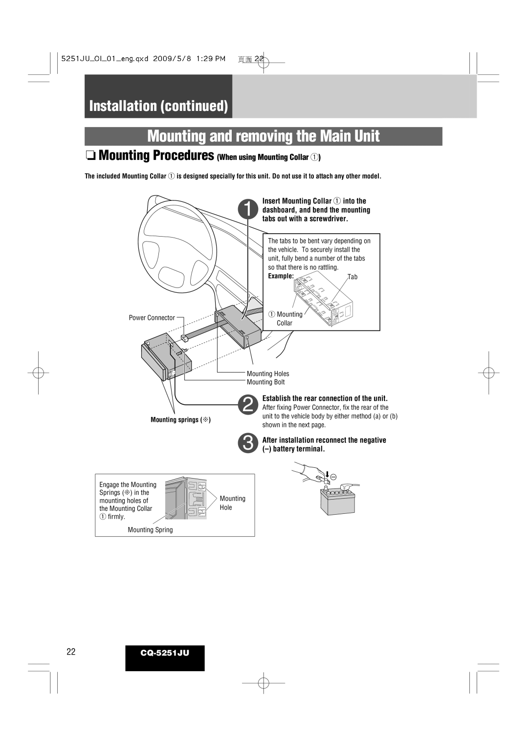 Panasonic CQ-5251JU Mounting Procedures When using Mounting Collar q, Insert Mounting Collar q into, Battery terminal 