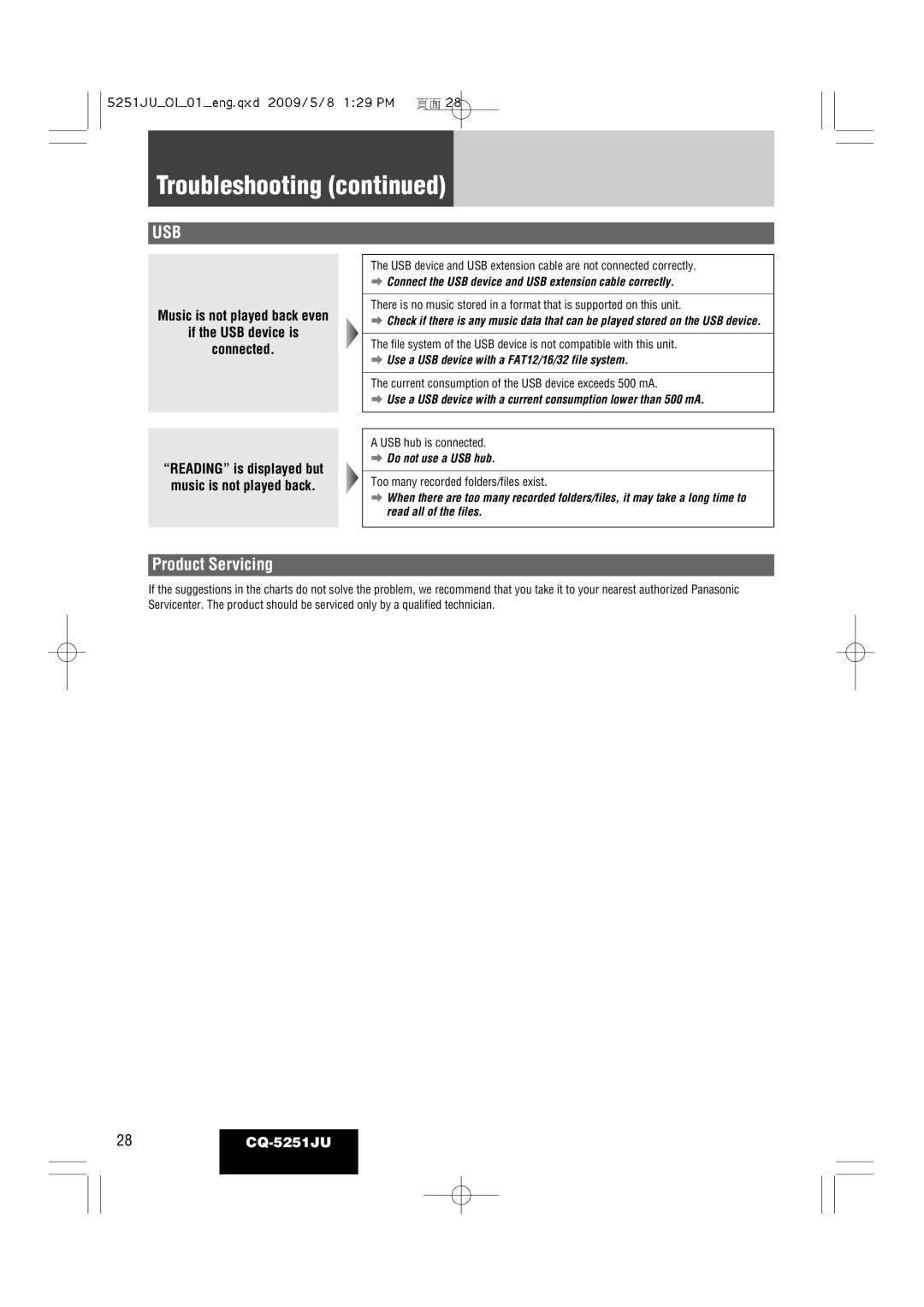 Panasonic CQ-5251JU warranty Product Servicing, Reading is displayed but music is not played back 