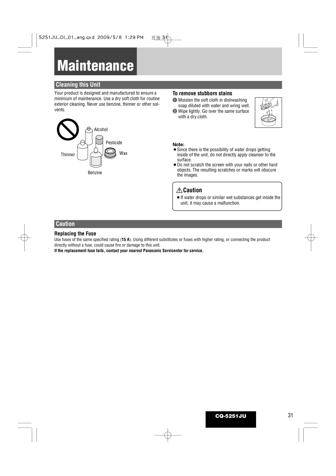 Panasonic CQ-5251JU warranty Maintenance, Cleaning this Unit, To remove stubborn stains, Replacing the Fuse 