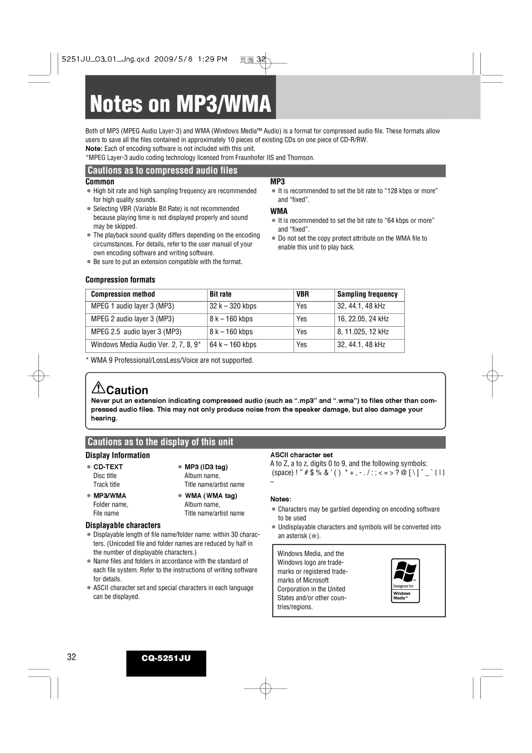 Panasonic CQ-5251JU Common, Compression formats, Display Information, Displayable characters, Compression method Bit rate 