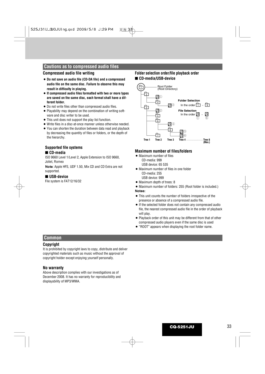 Panasonic CQ-5251JU Compressed audio file writing, Folder selection order/file playback order, Copyright, No warranty 