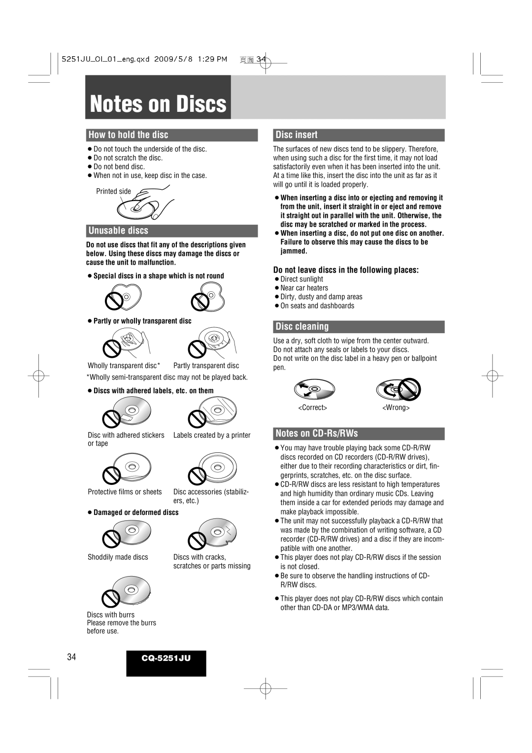 Panasonic CQ-5251JU warranty How to hold the disc, Unusable discs, Disc insert, Disc cleaning 