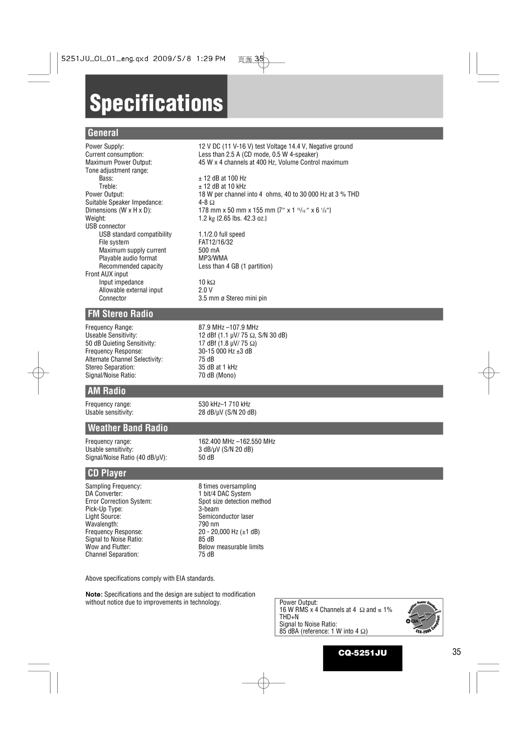 Panasonic CQ-5251JU warranty Specifications 