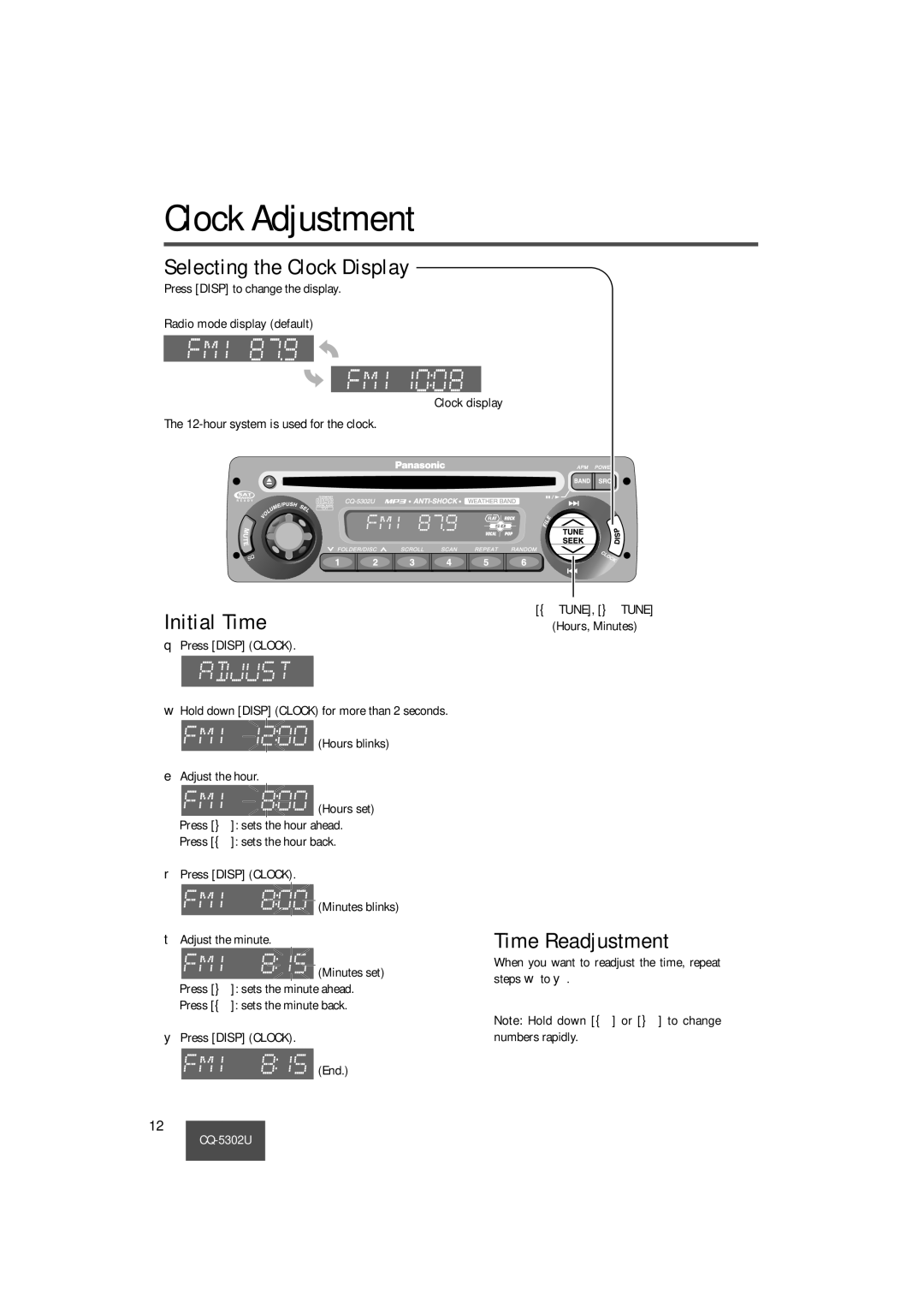 Panasonic CQ-5302U operating instructions Clock Adjustment, Selecting the Clock Display, Initial Time, Time Readjustment 