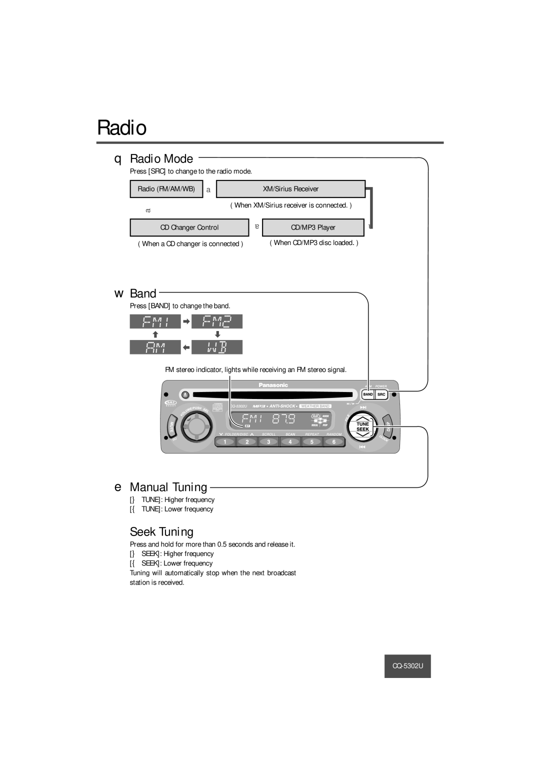 Panasonic CQ-5302U operating instructions Radio Mode, Band, Manual Tuning, Seek Tuning 