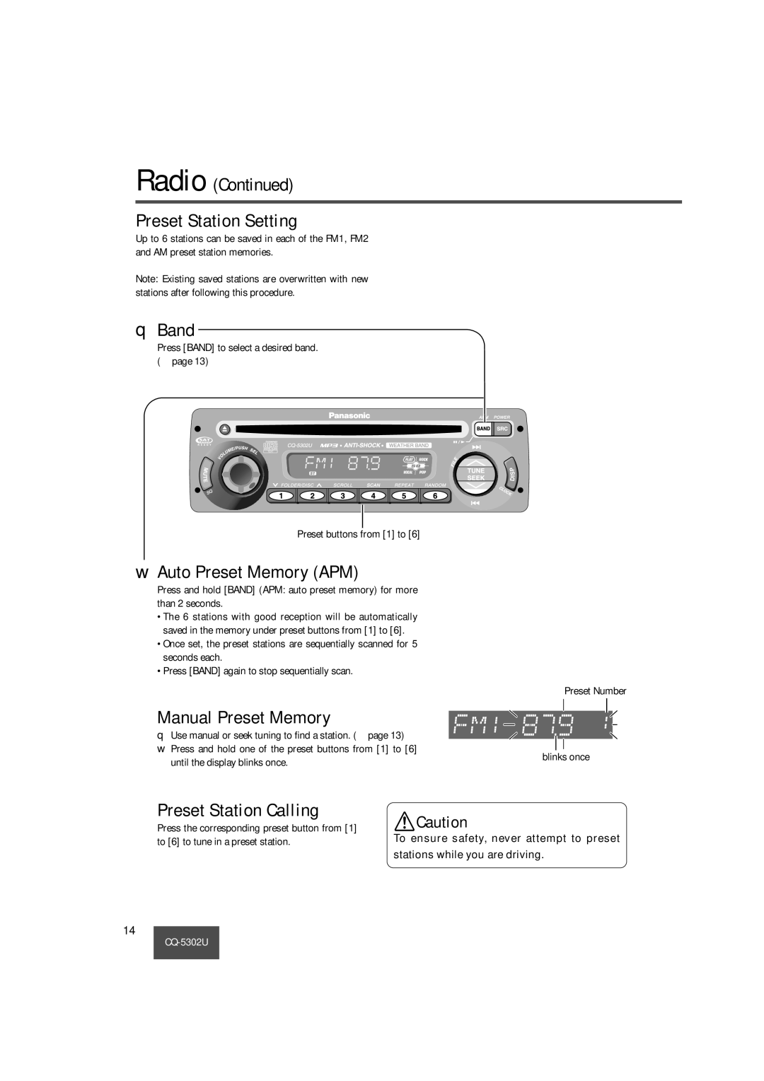 Panasonic CQ-5302U Radio Preset Station Setting, Auto Preset Memory APM, Manual Preset Memory, Preset Station Calling 