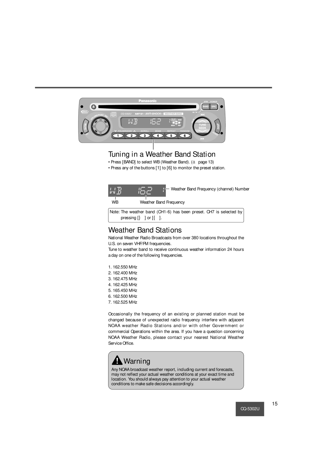 Panasonic CQ-5302U operating instructions Tuning in a Weather Band Station, Weather Band Stations 