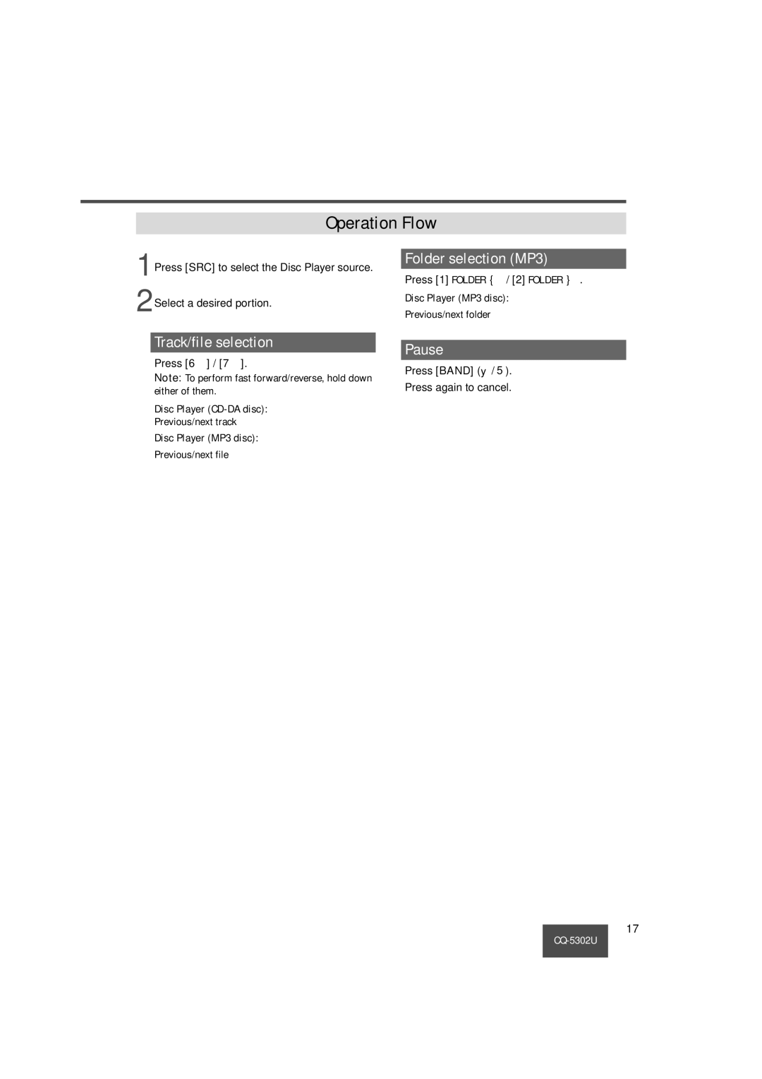 Panasonic CQ-5302U operating instructions Operation Flow, Disc Player CD-DA disc, Disc Player MP3 disc, Press Band y 