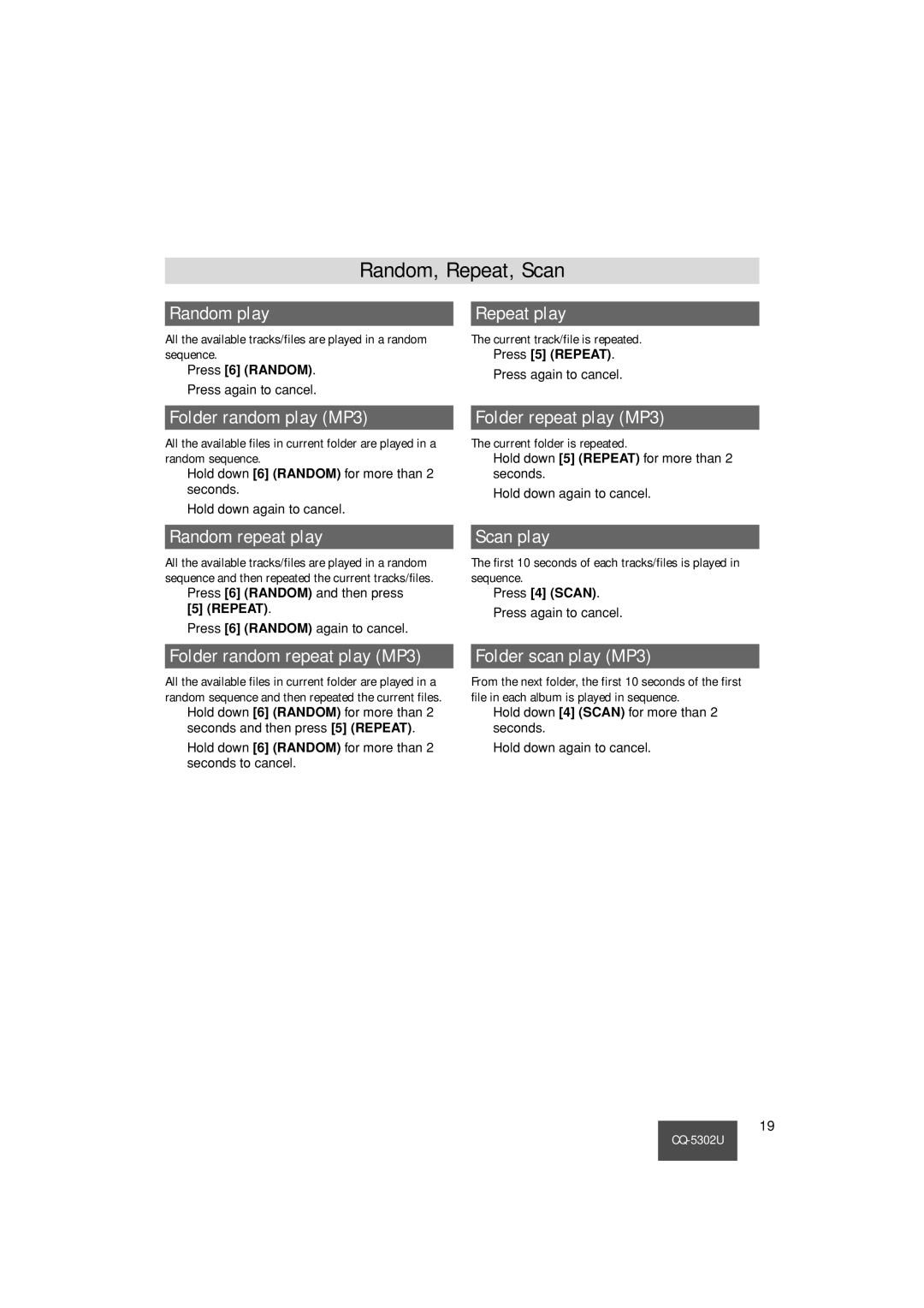 Panasonic CQ-5302U operating instructions Random, Repeat, Scan, Press 6 Random, Press 5 Repeat, Press 4 Scan 