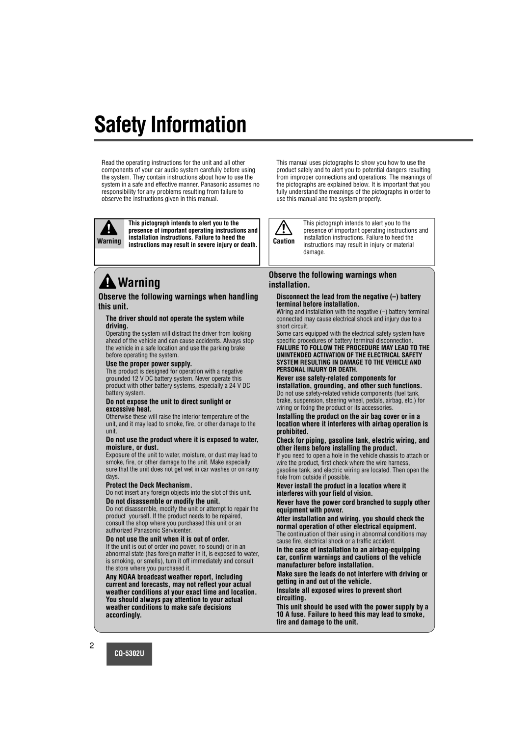 Panasonic CQ-5302U operating instructions Safety Information, Observe the following warnings when handling this unit 