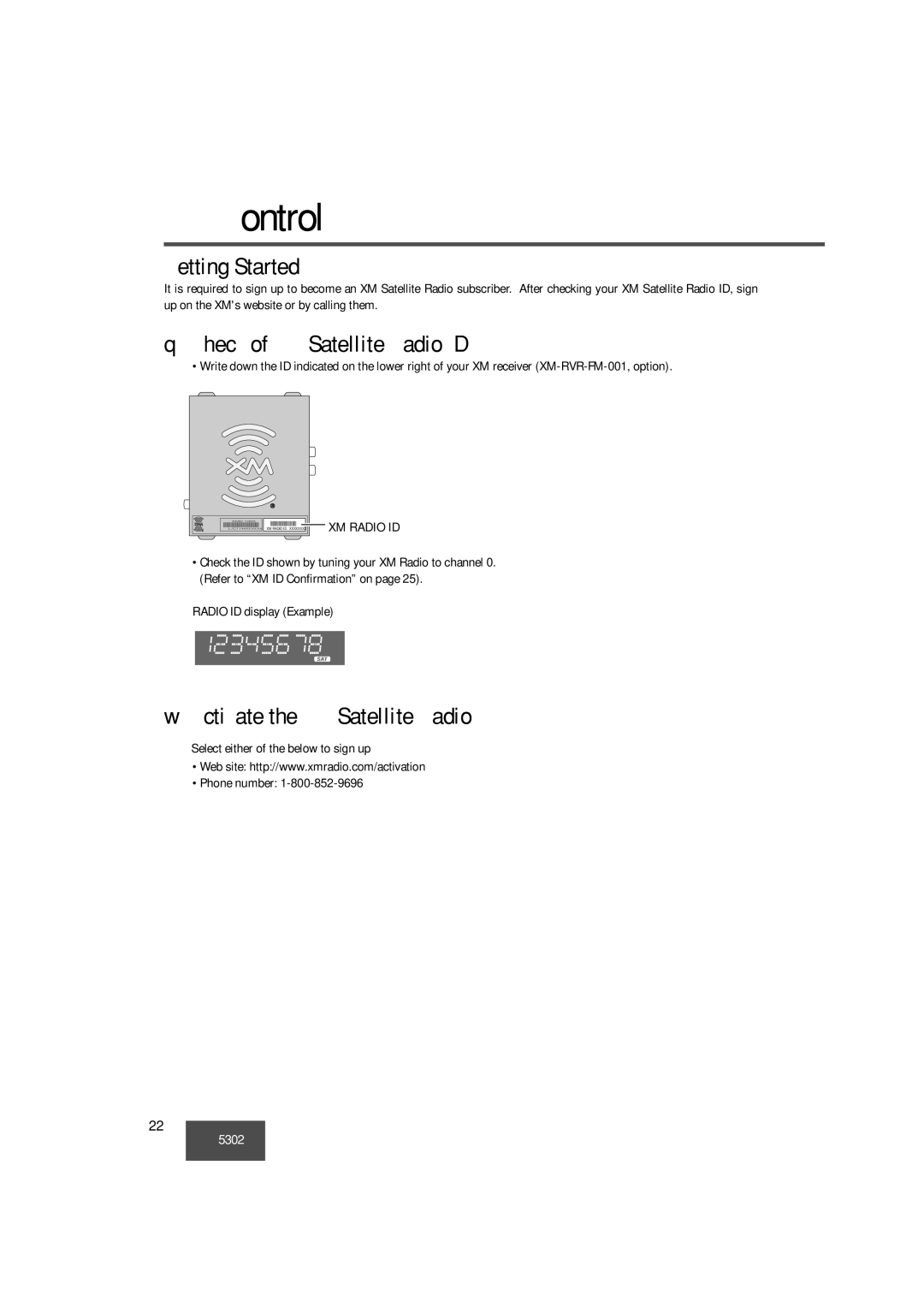 Panasonic CQ-5302U XM Control, Getting Started, Check of XM Satellite Radio ID, Activate the XM Satellite Radio 