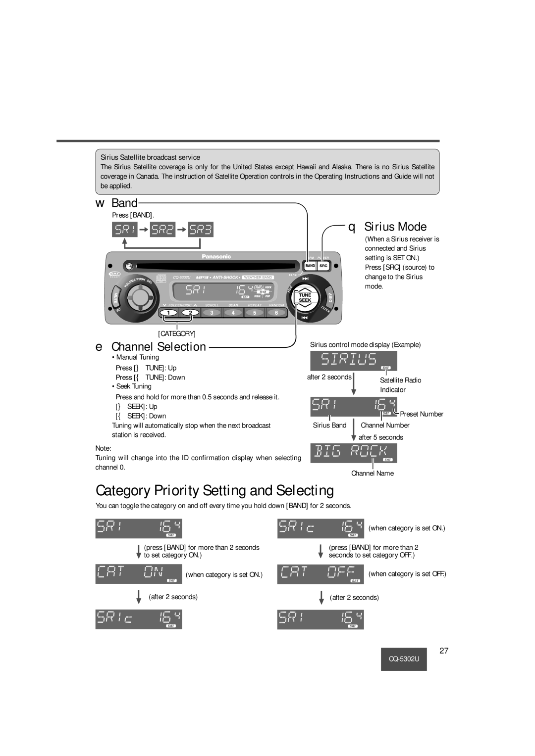 Panasonic CQ-5302U operating instructions Sirius Mode, Sirius Satellite broadcast service 