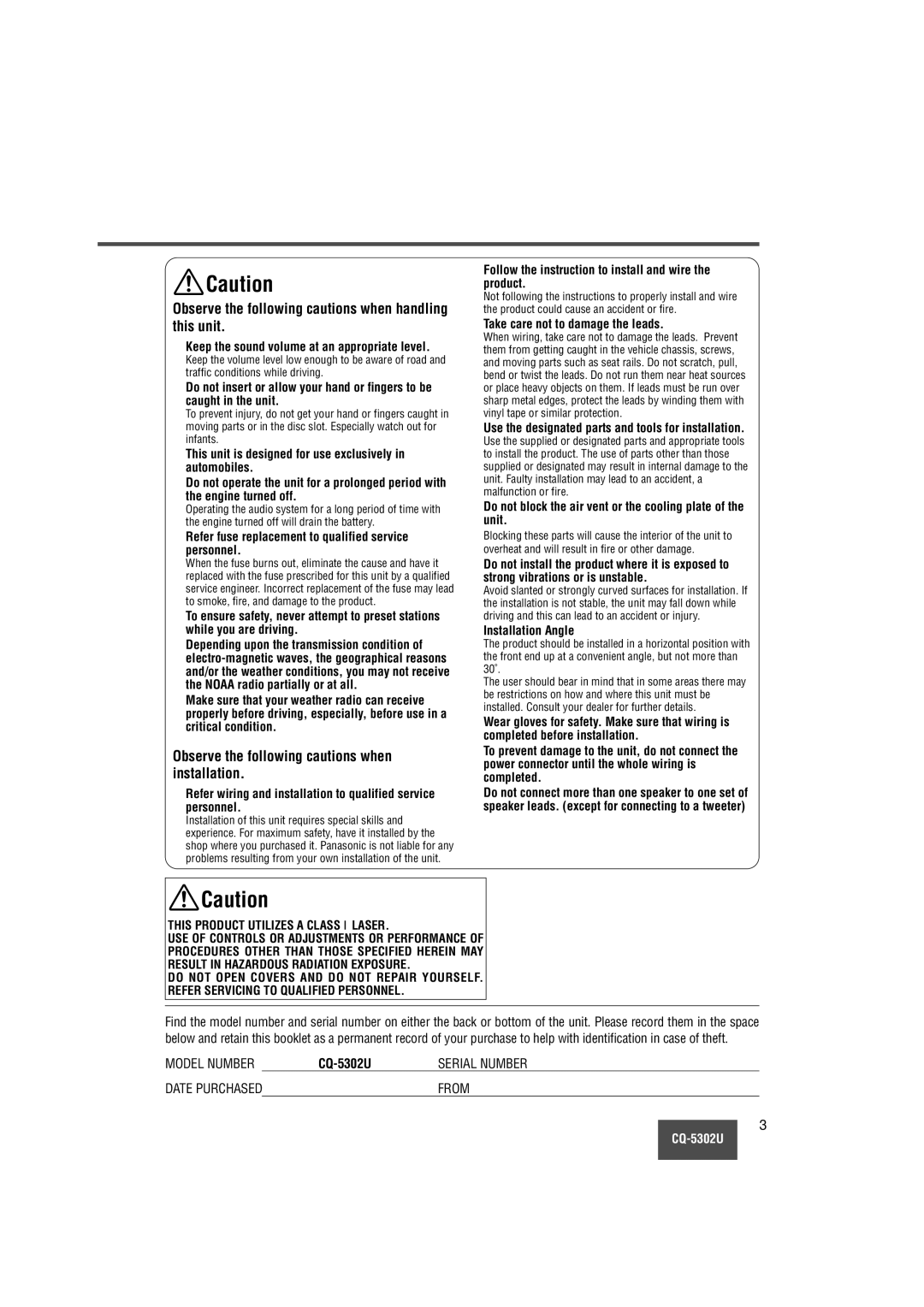 Panasonic CQ-5302U operating instructions Observe the following cautions when handling this unit 