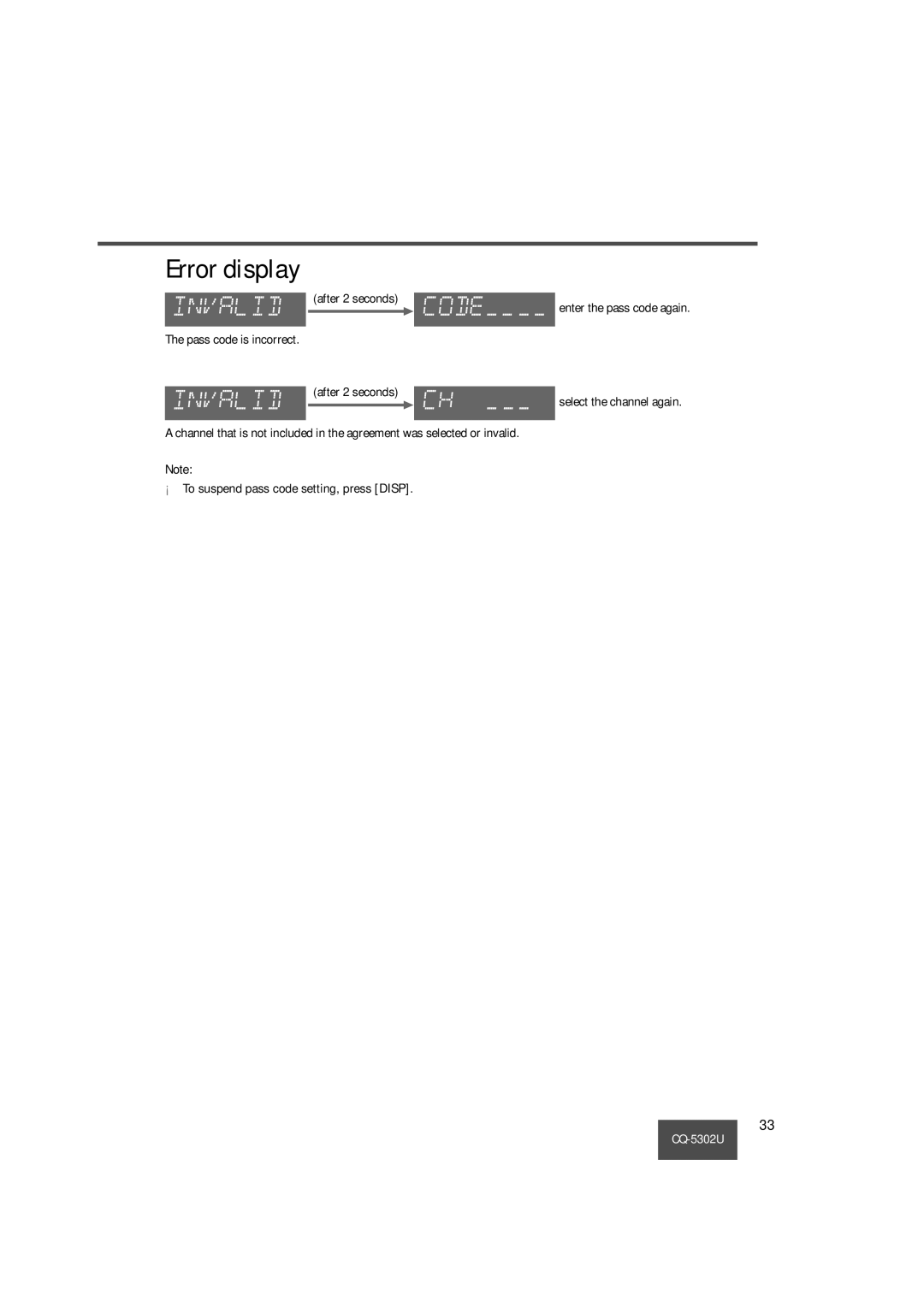 Panasonic CQ-5302U operating instructions Error display 