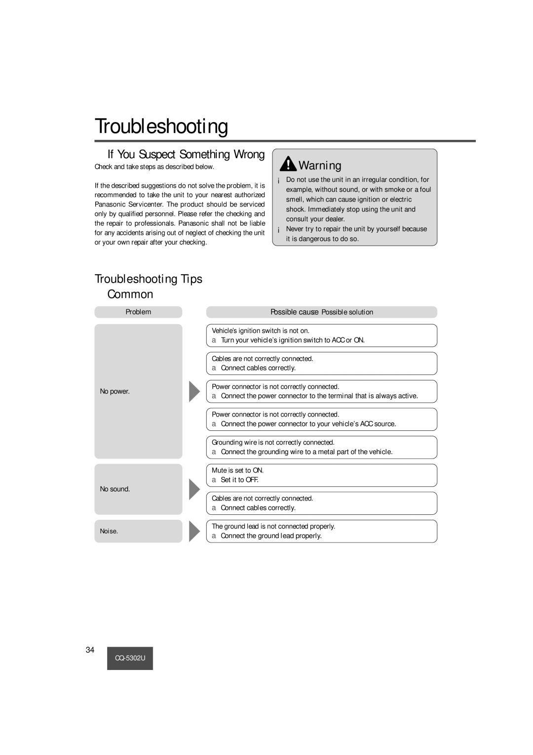 Panasonic CQ-5302U operating instructions Troubleshooting, Common 