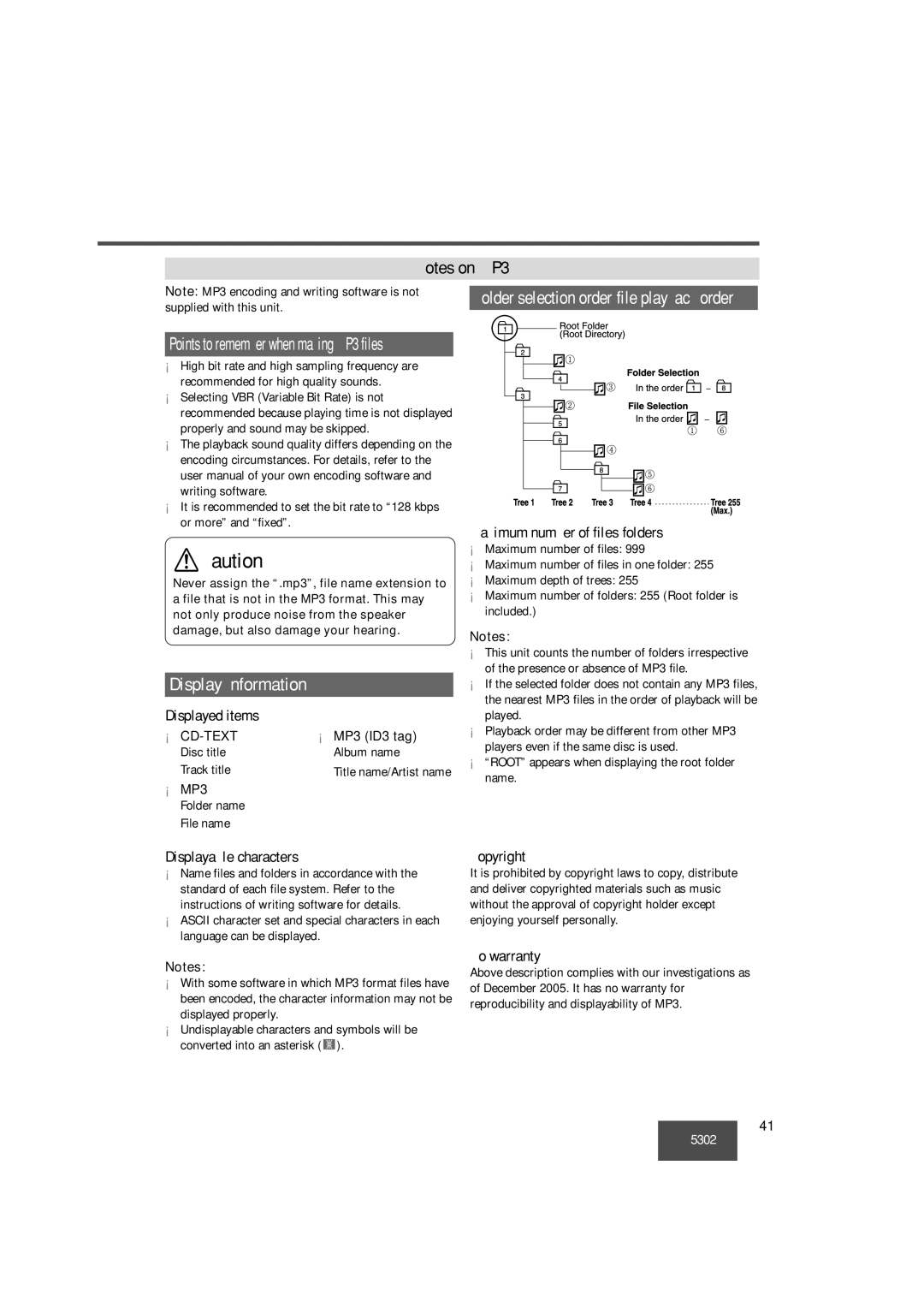 Panasonic CQ-5302U operating instructions ¡ MP3 ID3 tag 