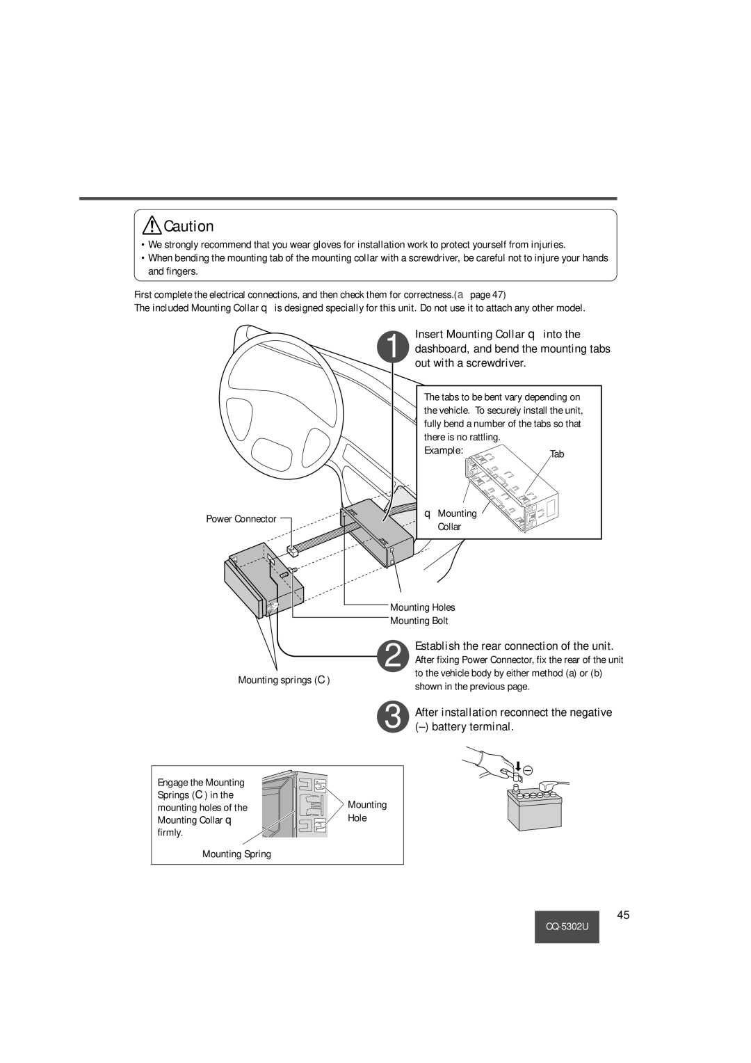 Panasonic CQ-5302U operating instructions Insert Mounting Collar q into, Battery terminal, Mounting springs C, Example 