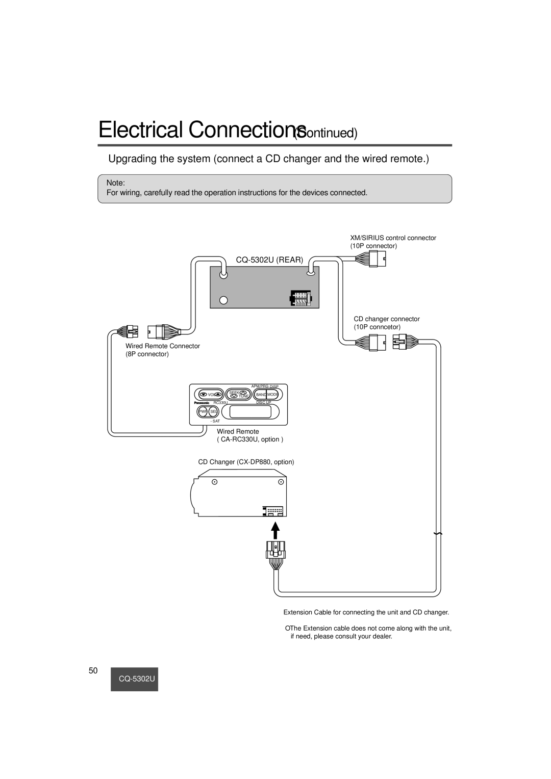 Panasonic CQ-5302U operating instructions XM/SIRIUS control connector 10P connector 