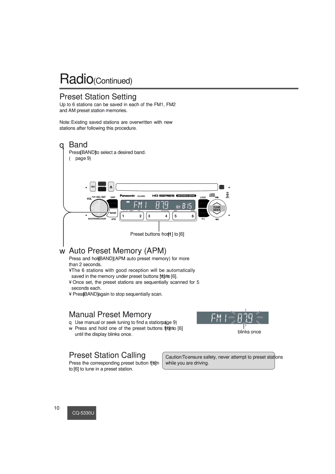 Panasonic CQ-5330U Radio Preset Station Setting, Auto Preset Memory APM, Manual Preset Memory, Preset Station Calling 