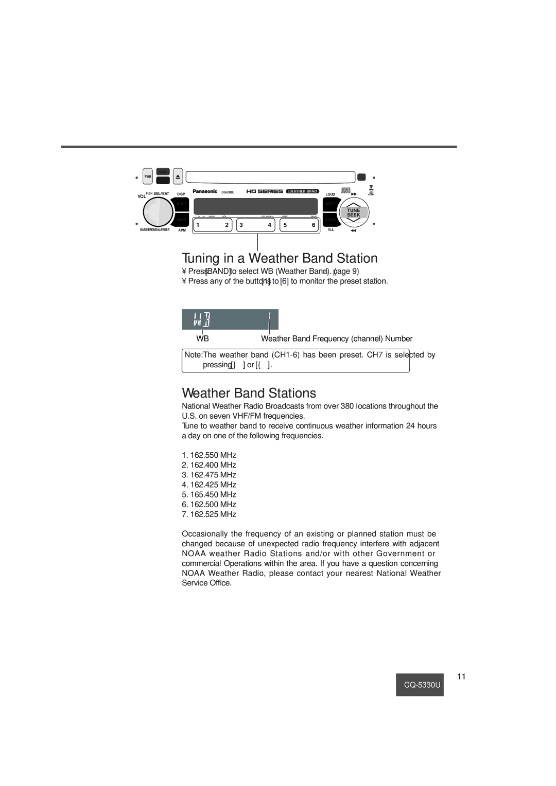 Panasonic CQ-5330U operating instructions Tuning in a Weather Band Station, Weather Band Stations 