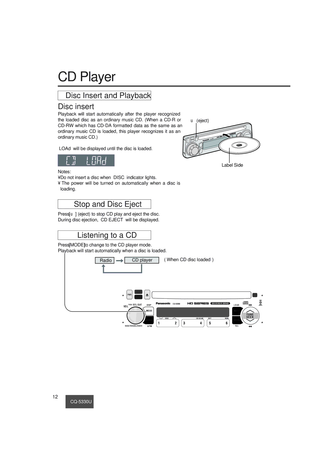 Panasonic CQ-5330U CD Player, Disc Insert and Playback Disc insert, Stop and Disc Eject, Listening to a CD 