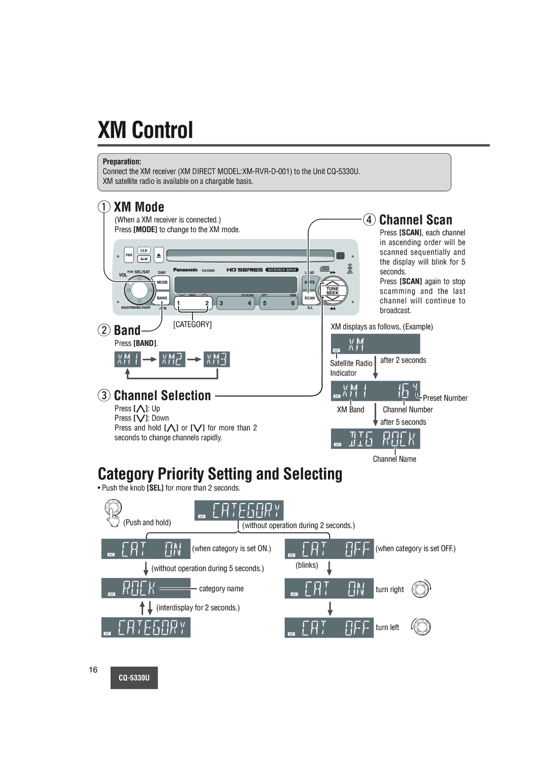 Panasonic CQ-5330U operating instructions XM Control, XM Mode, Channel Scan, Channel Selection, Preparation 