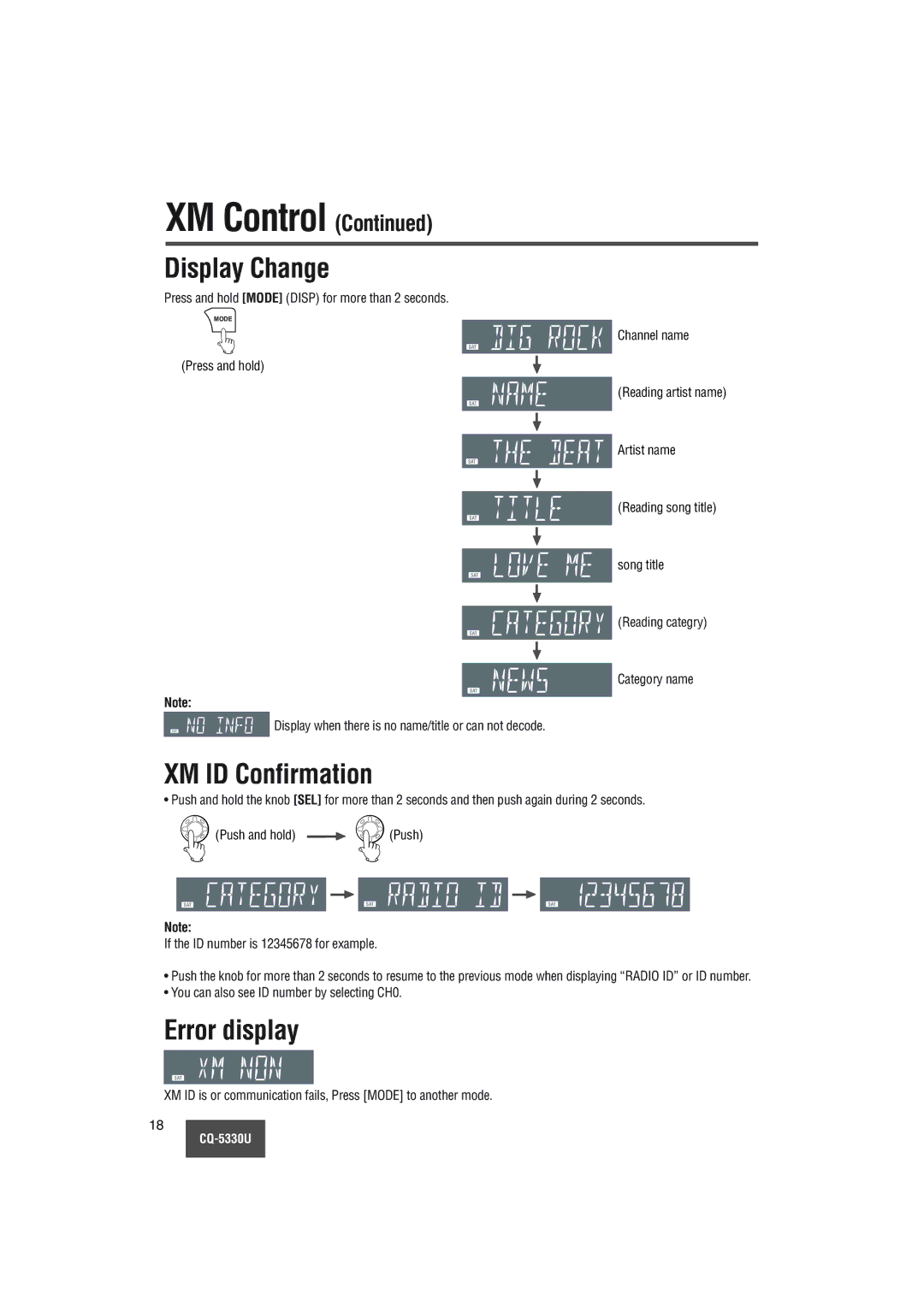 Panasonic CQ-5330U operating instructions Press and hold Mode Disp for more than 2 seconds 