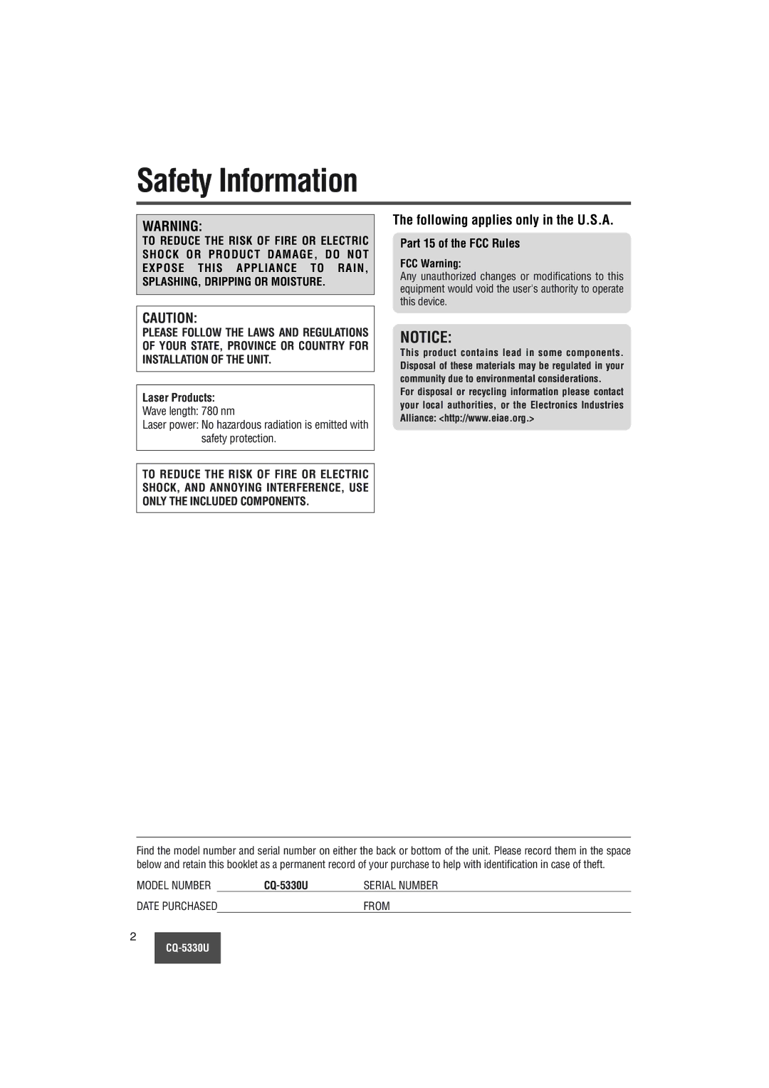 Panasonic CQ-5330U Safety Information, Following applies only in the U.S.A, Laser Products Wave length 780 nm, FCC Warning 