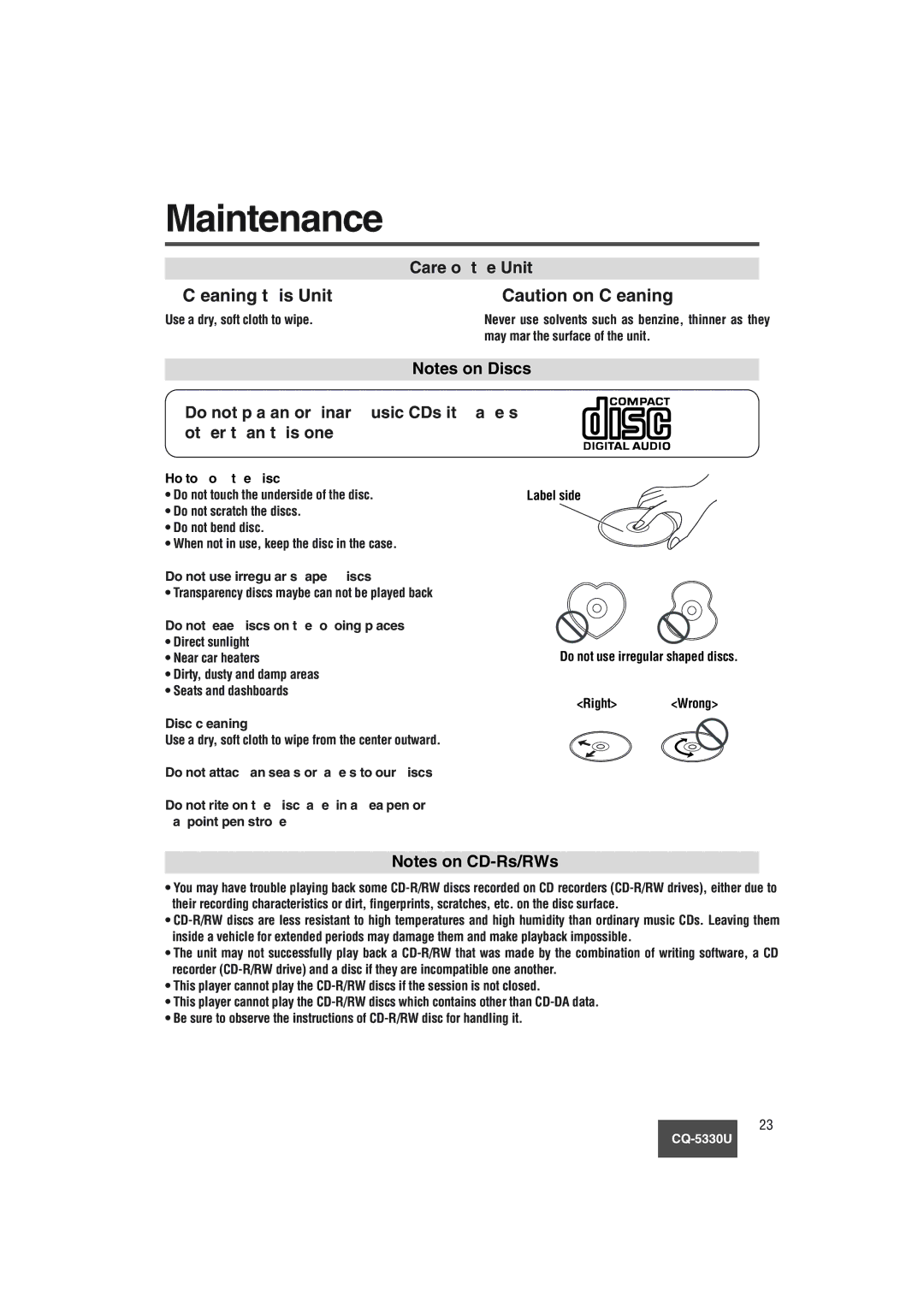 Panasonic CQ-5330U operating instructions Maintenance, Cleaning this Unit, Care of the Unit 