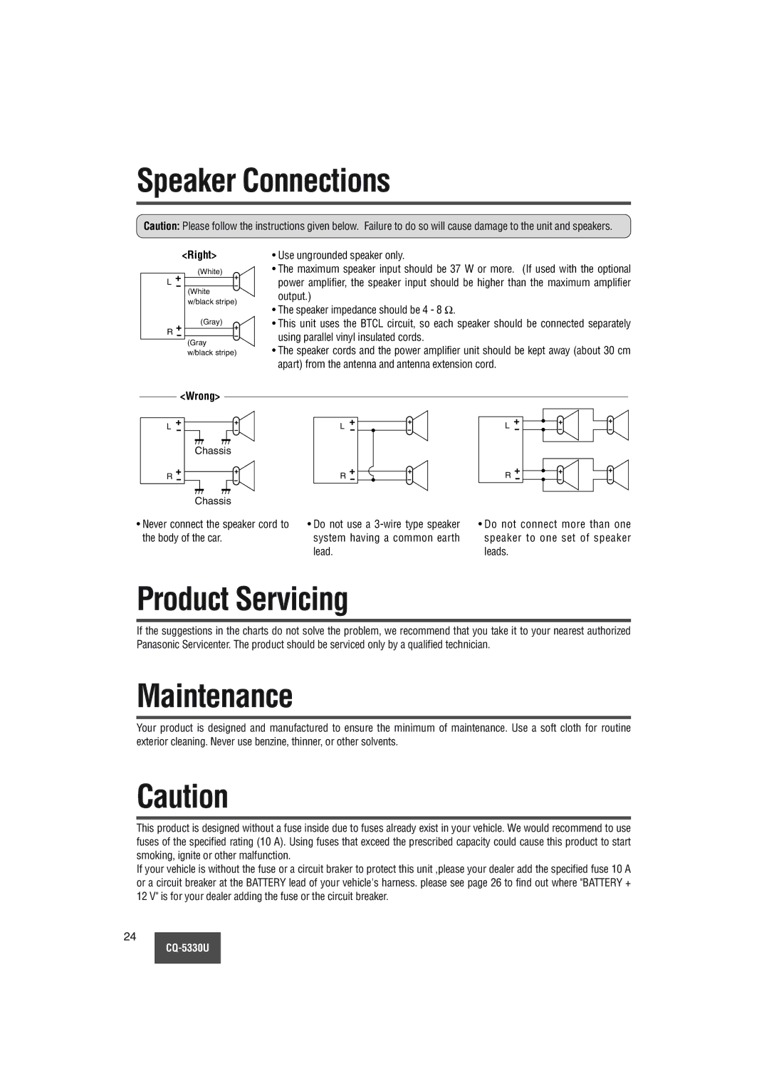 Panasonic CQ-5330U Speaker Connections, Product Servicing, Wrong, Chassis, Do not connect more than one 