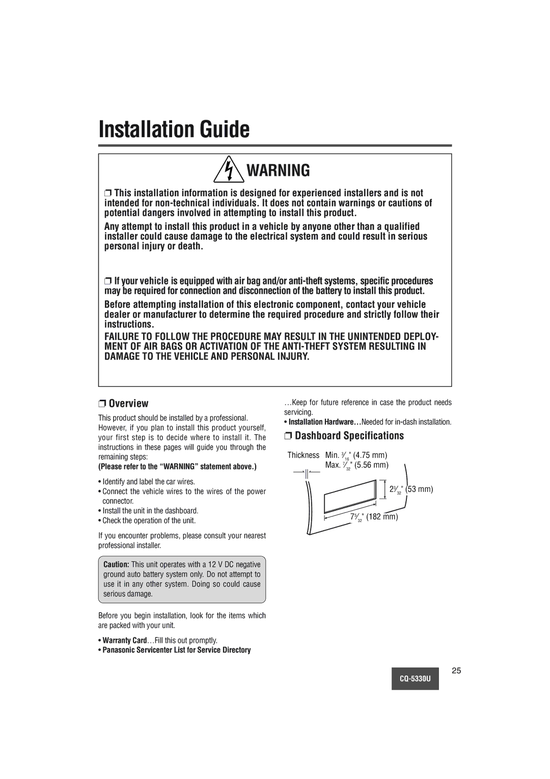 Panasonic CQ-5330U operating instructions Installation Guide, Overview, Dashboard Specifications 