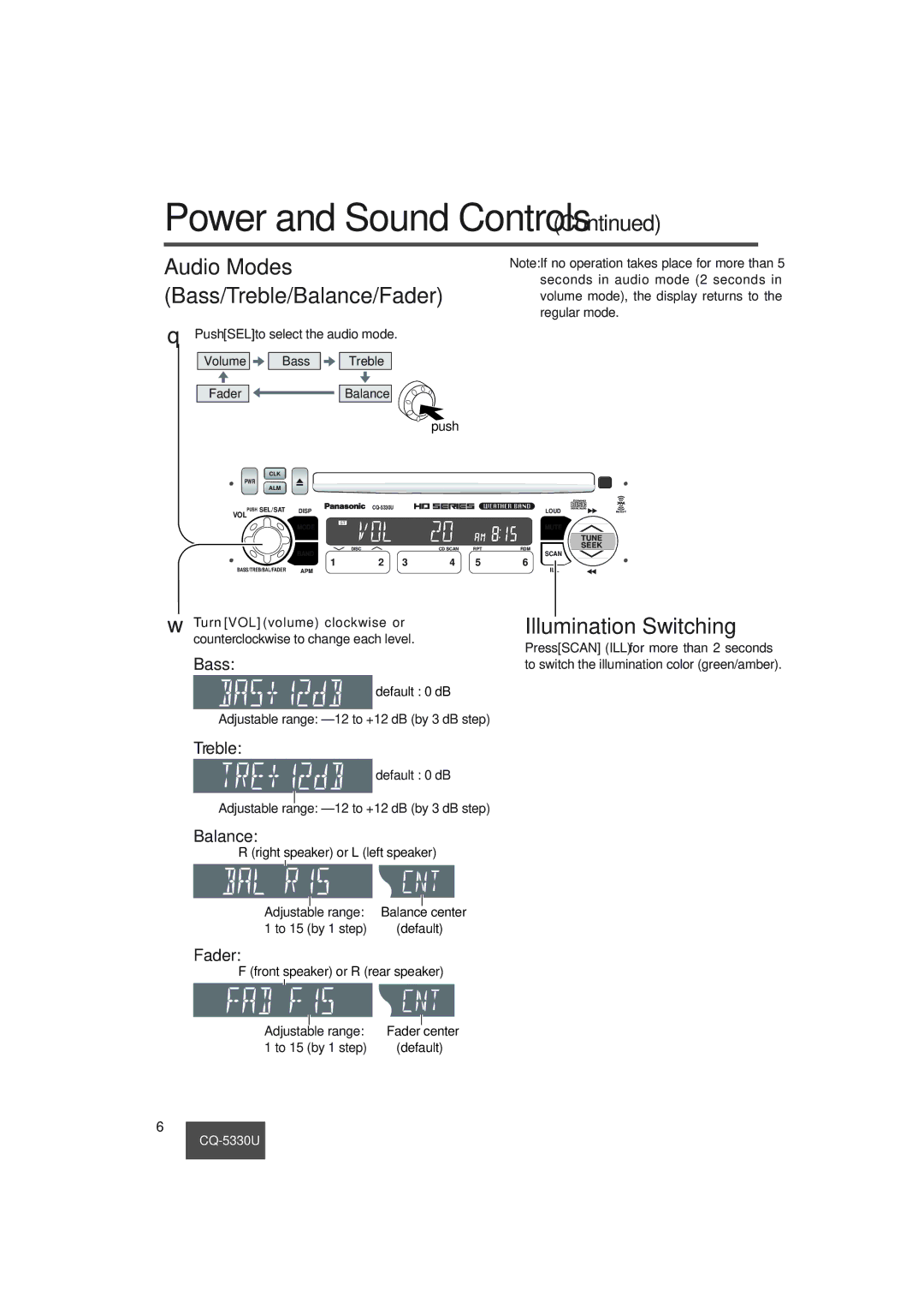 Panasonic CQ-5330U operating instructions Illumination Switching, Bass, Treble, Balance, Fader 