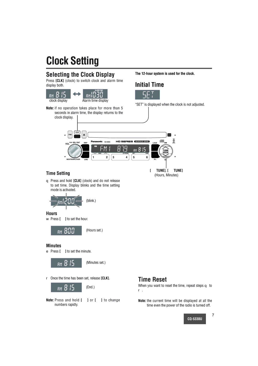 Panasonic CQ-5330U operating instructions Clock Setting, Selecting the Clock Display, Initial Time, Time Reset 