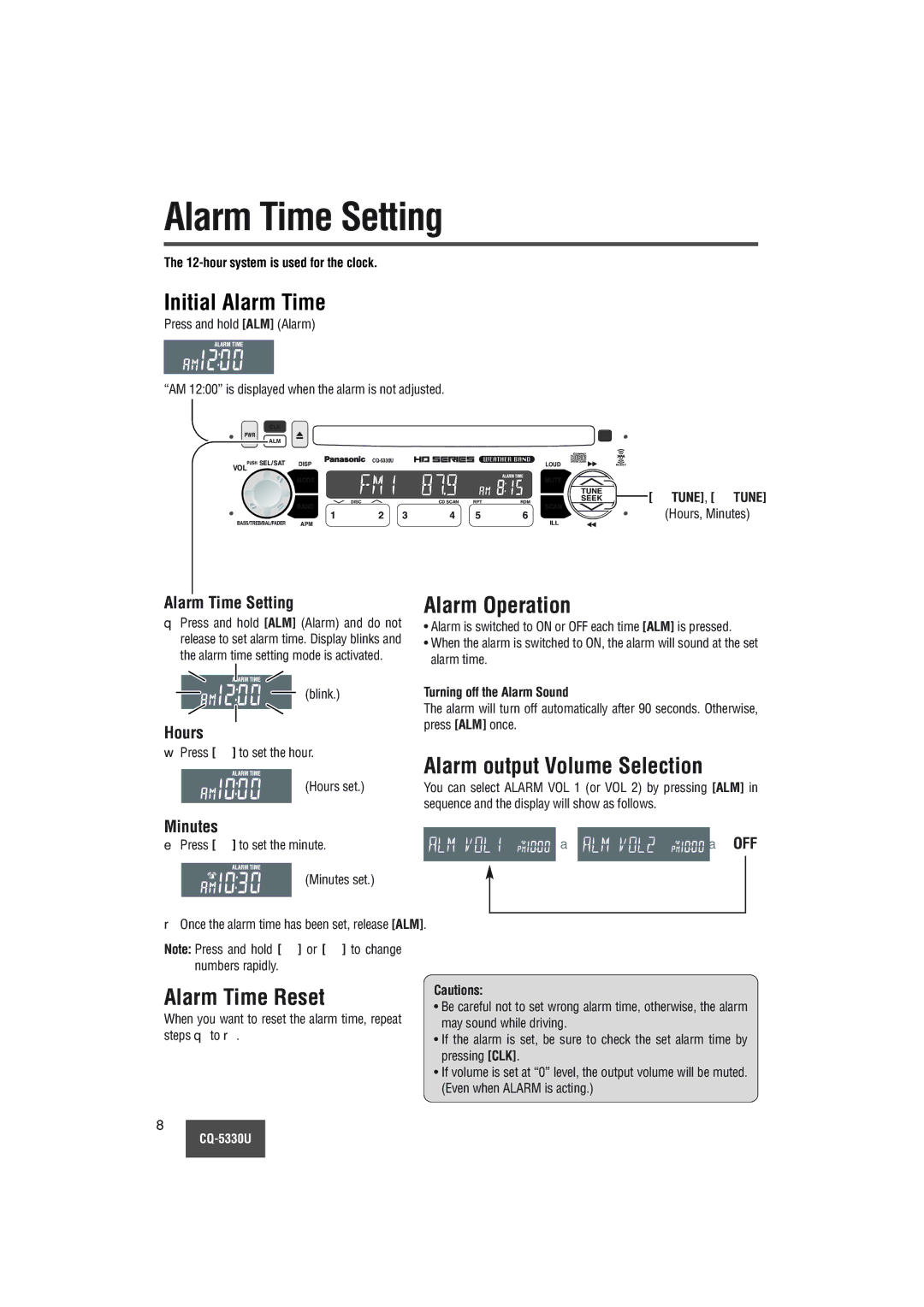 Panasonic CQ-5330U Alarm Time Setting, Initial Alarm Time, Alarm Operation, Alarm output Volume Selection 