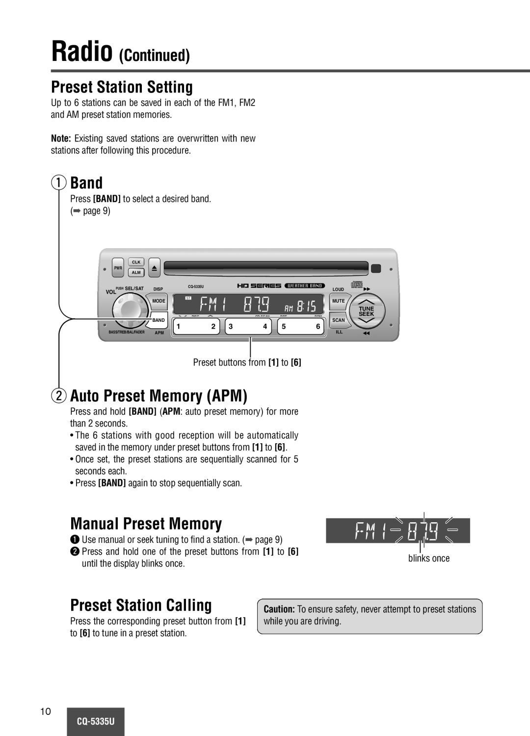 Panasonic CQ-5335U Radio Preset Station Setting, Auto Preset Memory APM, Manual Preset Memory, Preset Station Calling 