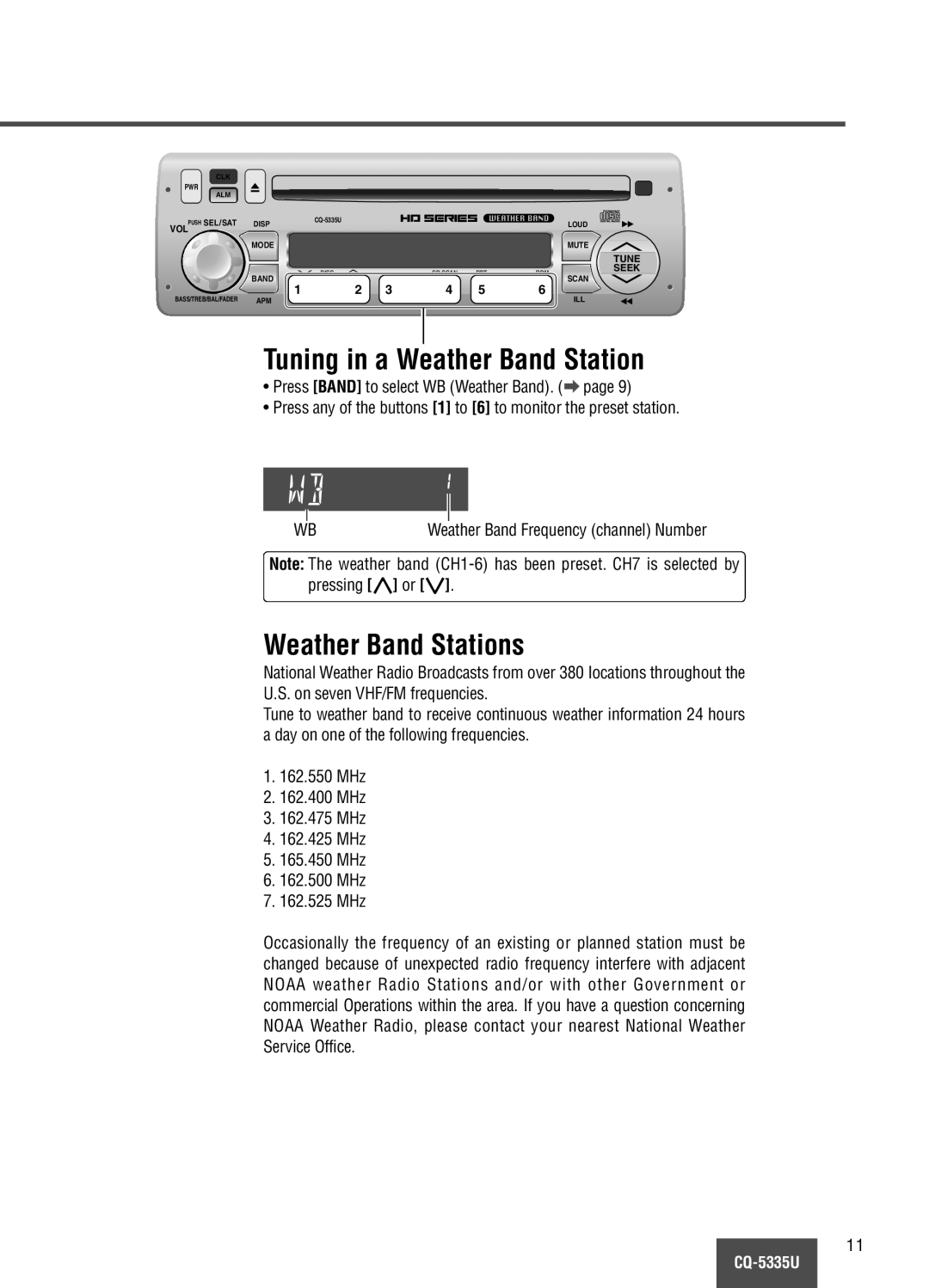 Panasonic CQ-5335U operating instructions Tuning in a Weather Band Station, Weather Band Stations 