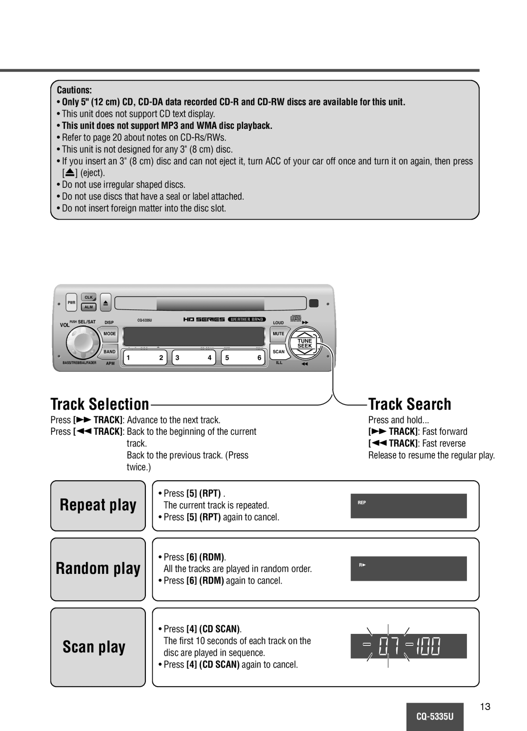 Panasonic CQ-5335U operating instructions Track Selection Track Search, Repeat play Random play Scan play 