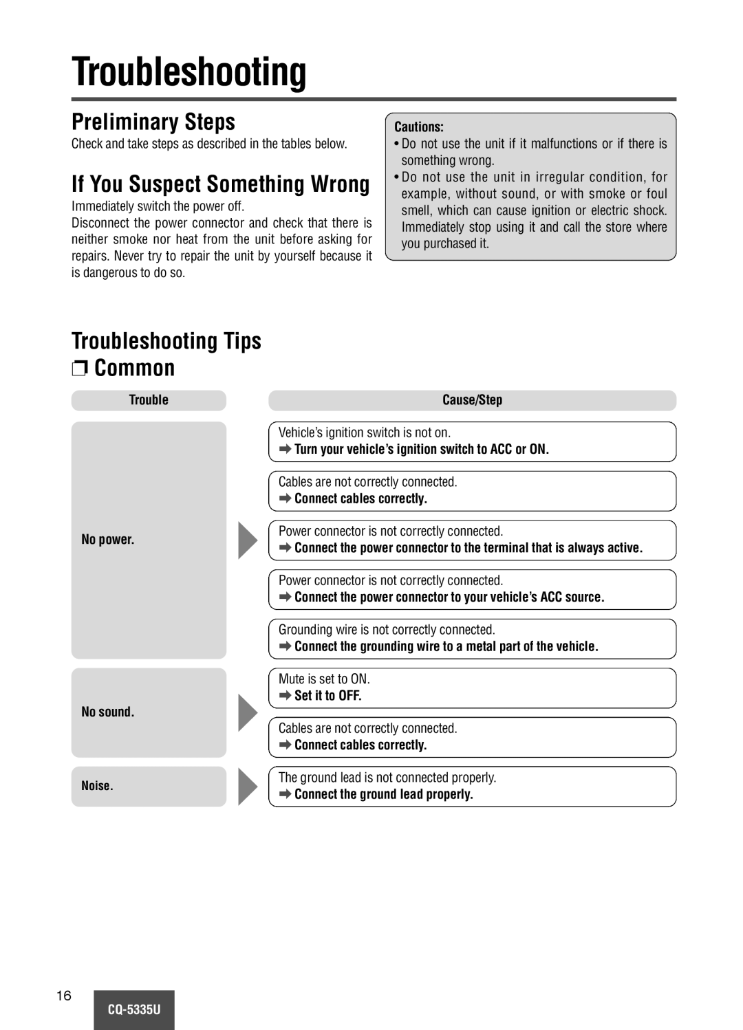 Panasonic CQ-5335U operating instructions Troubleshooting, Preliminary Steps, Common 