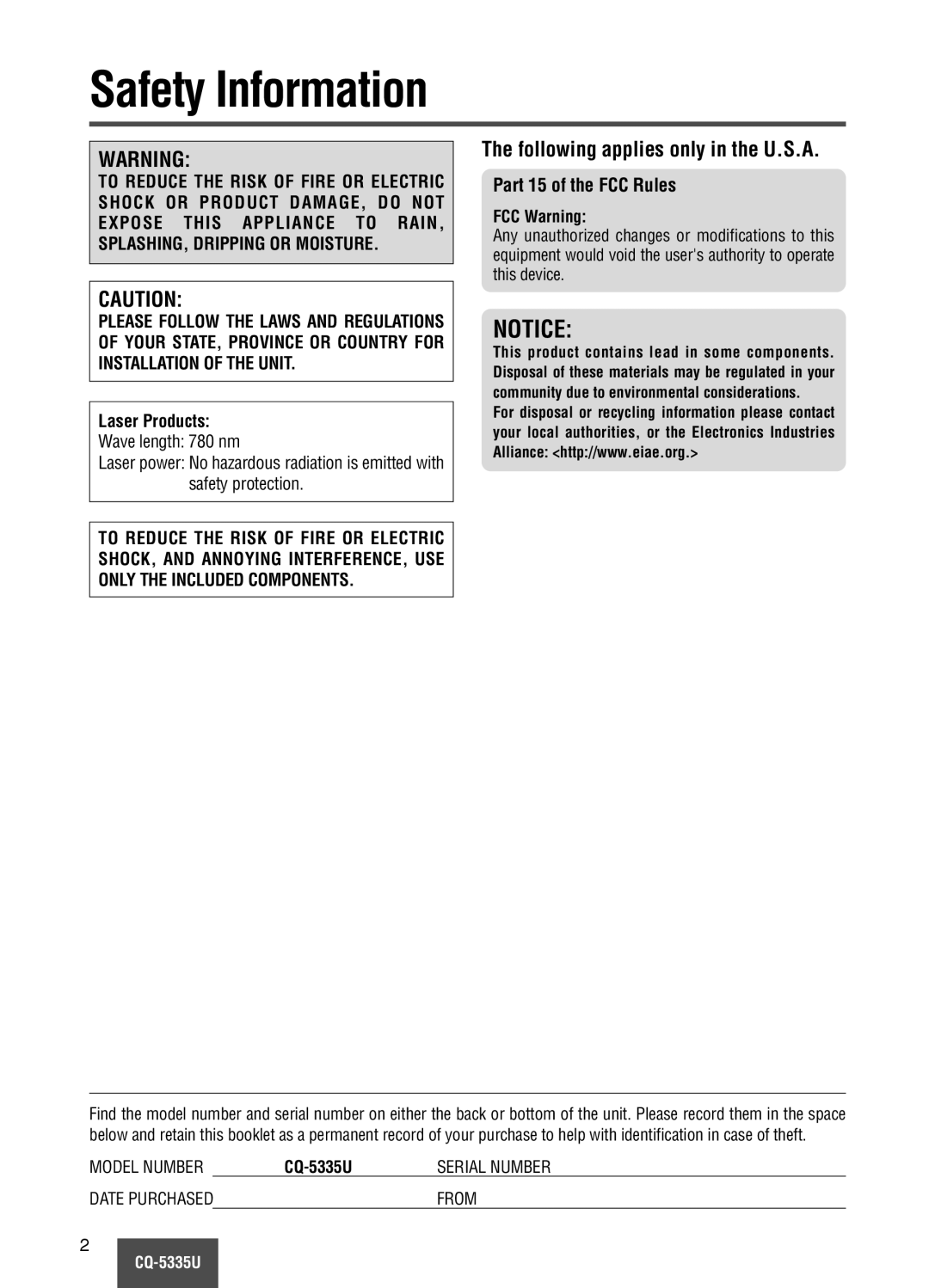 Panasonic CQ-5335U Safety Information, Following applies only in the U.S.A, Laser Products Wave length 780 nm, FCC Warning 