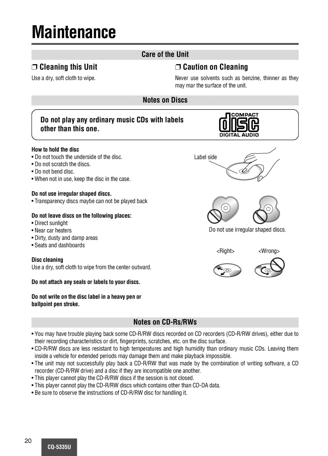 Panasonic CQ-5335U operating instructions Maintenance, Cleaning this Unit, Care of the Unit 