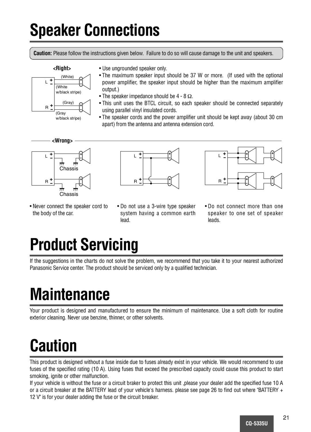 Panasonic CQ-5335U Speaker Connections, Product Servicing, Wrong, Chassis, Do not connect more than one 