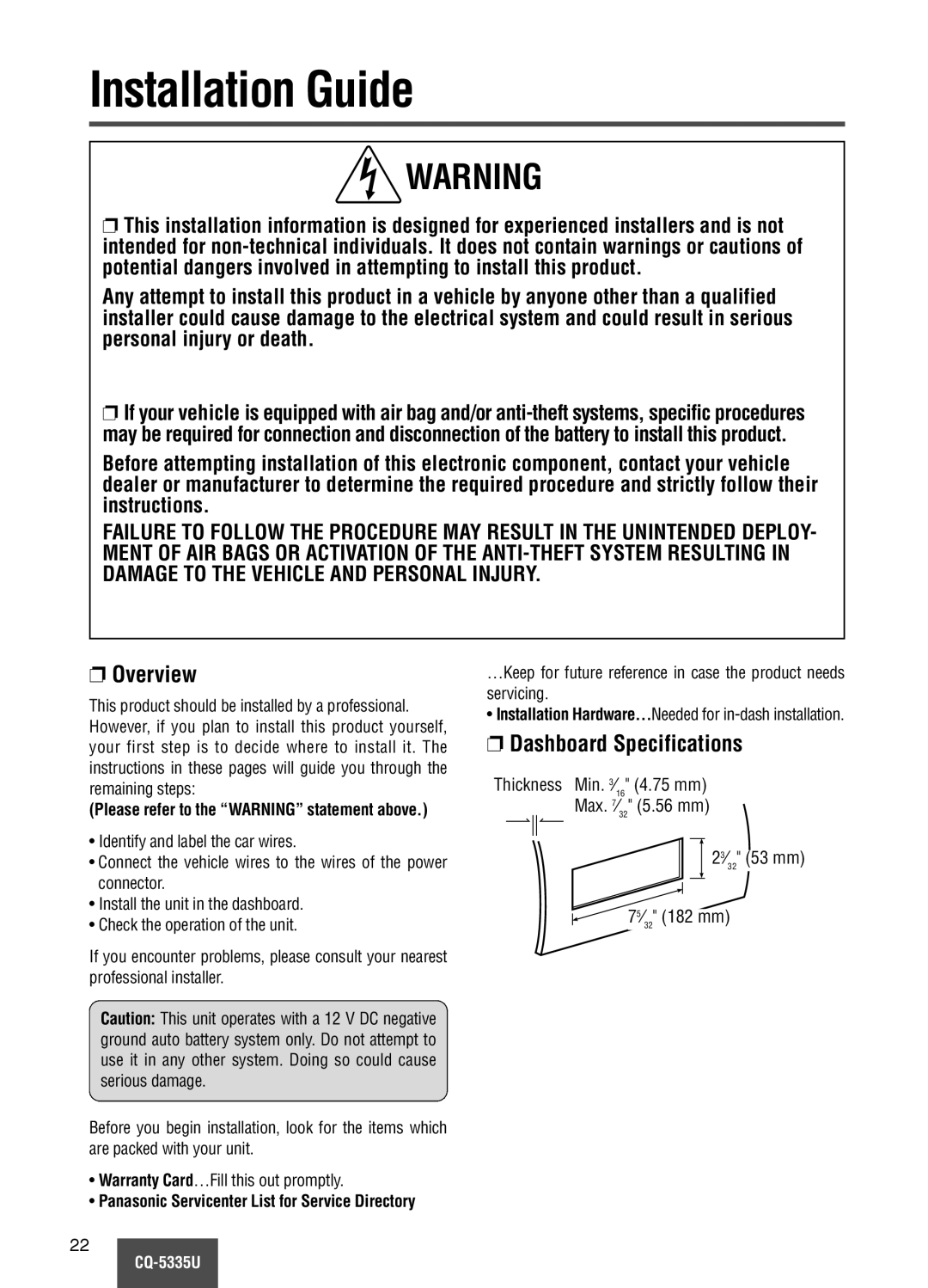 Panasonic CQ-5335U operating instructions Installation Guide, Overview, Dashboard Specifications 