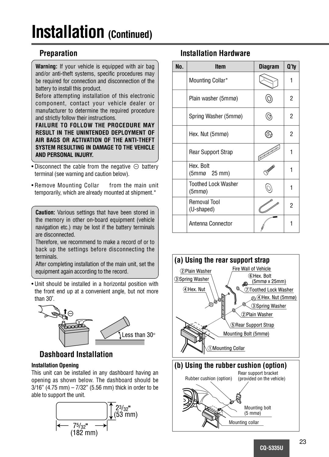 Panasonic CQ-5335U Preparation, Dashboard Installation, Installation Hardware, Using the rubber cushion option 