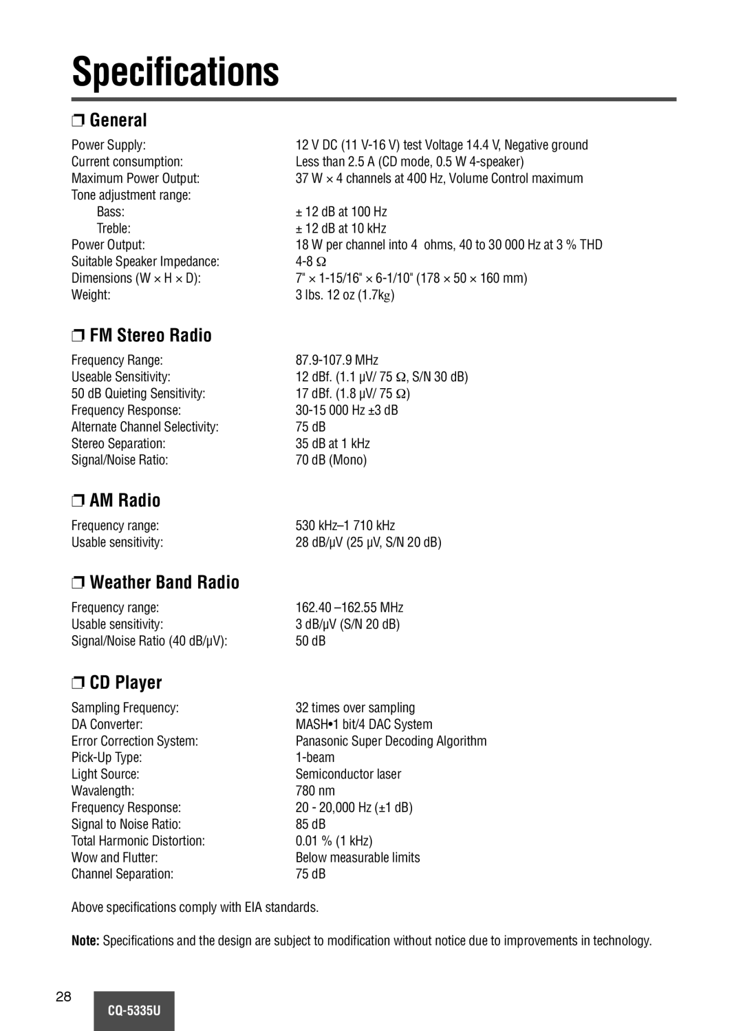 Panasonic CQ-5335U operating instructions Specifications 