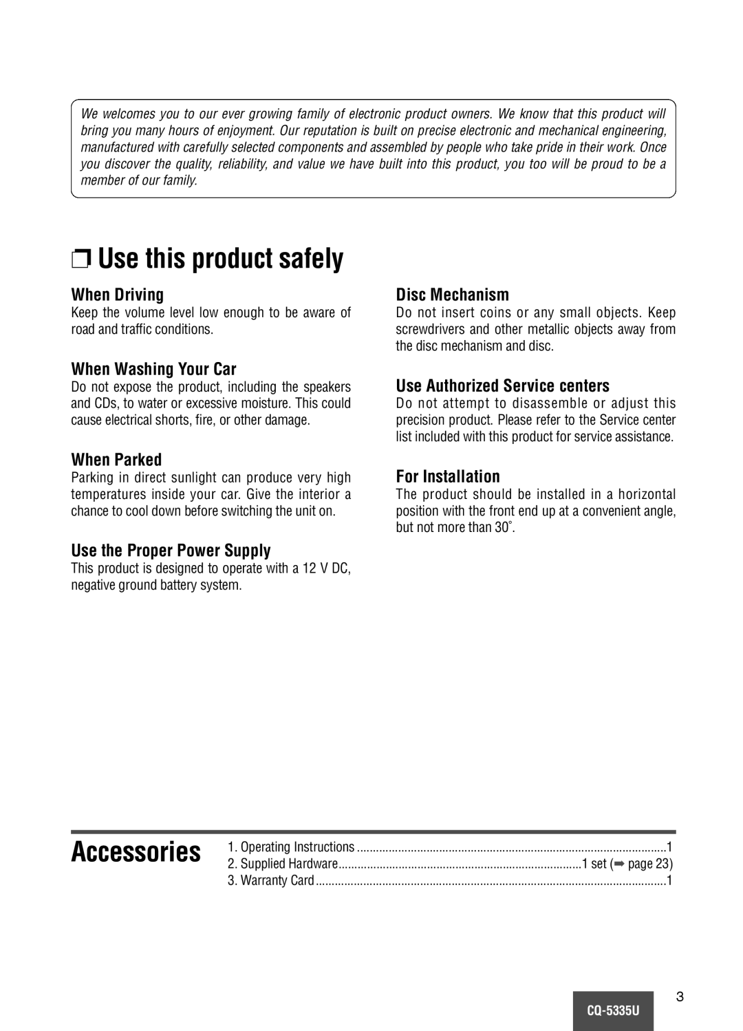 Panasonic CQ-5335U When Driving, Disc Mechanism, When Washing Your Car, Use Authorized Service centers, When Parked 