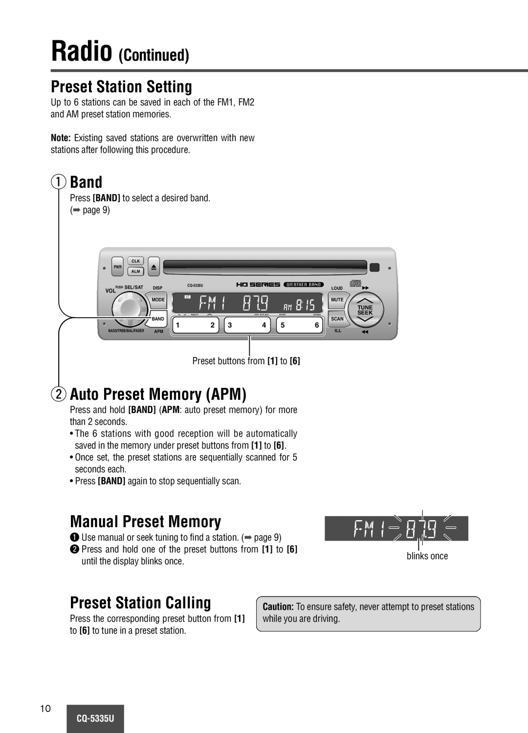 Panasonic CQ-5335U Radio Continued Preset Station Setting, q Band, w Auto Preset Memory APM, Manual Preset Memory 