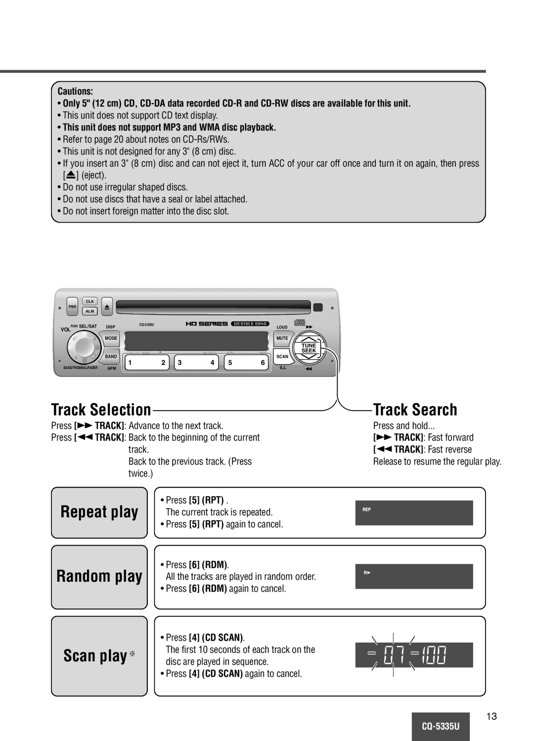 Panasonic CQ-5335U operating instructions Track Selection, Track Search, Repeat play Random play Scan play 
